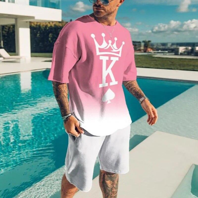 Футболки с 3D принтом King Letter и шорты, комплекты мужских модных спортивных костюмов, футболка большого размера с короткими рукавами, брюки, комплект мужских костюмов, одежда