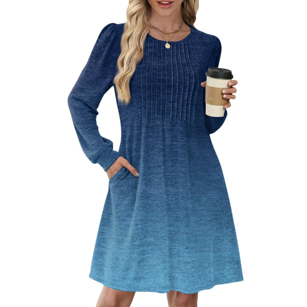 Женское повседневное платье с длинным рукавом, плиссировкой, круглым вырезом, градиентным принтом и карманами