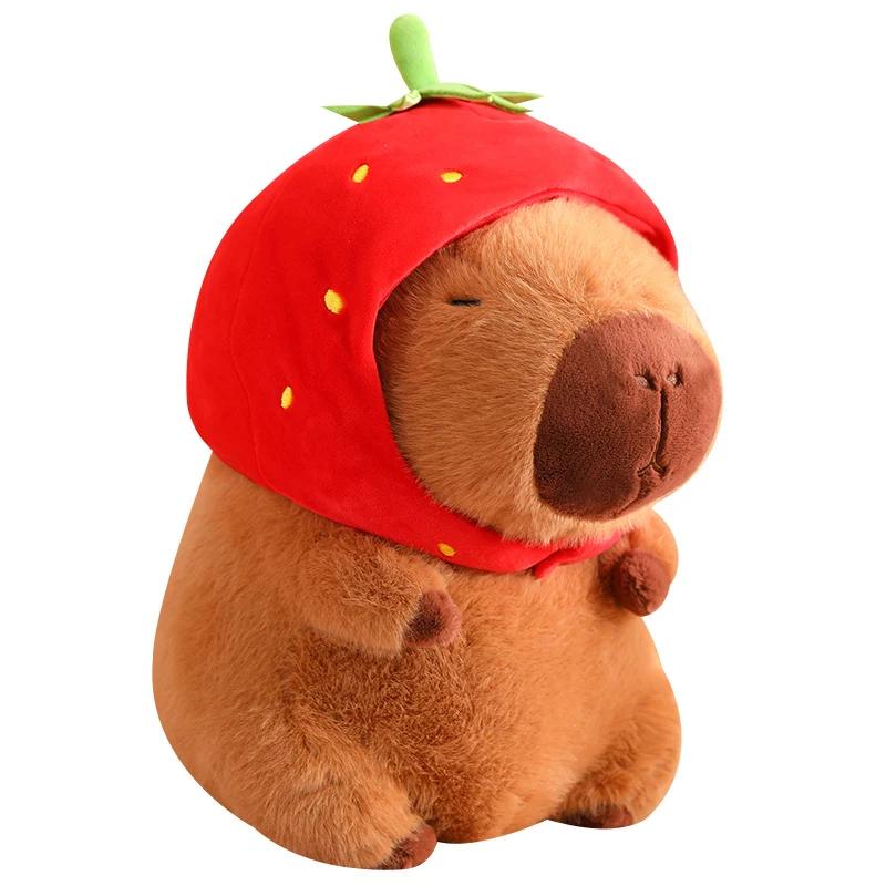Strawberry Hat Capybara Plush Toy Simulation Turtle Backpack Capibara Stuffed Animals Papa Hand Circle Ring Small Size Pendant