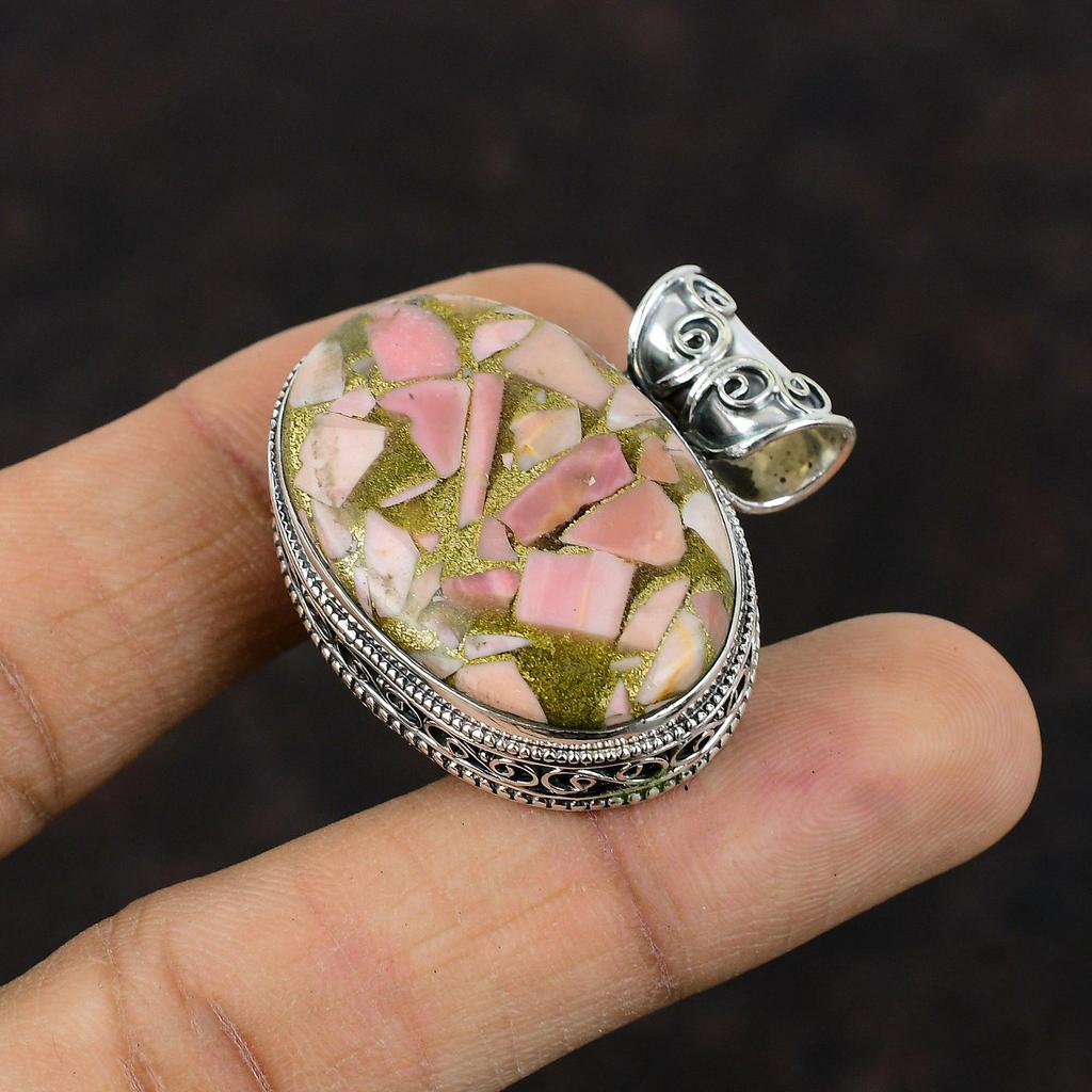 Кулон из медного розового опала. Изысканные ювелирные изделия из драгоценных камней. Подвеска из стерлингового серебра 925 пробы. Винтажные ювелирные изделия ручной работы. Элегантный кулон в стиле хиппи. Подарок для женщин.