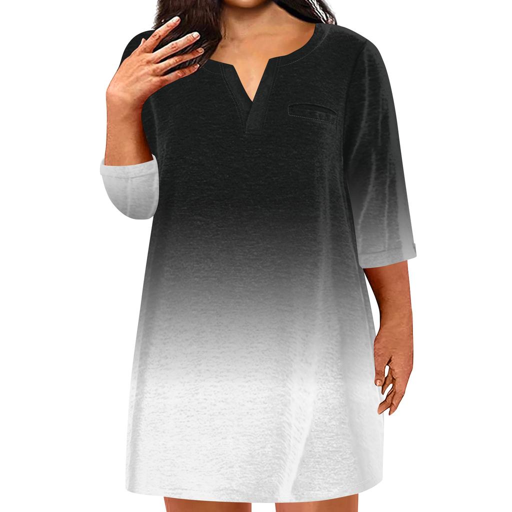 Women's Fashion Plus Size V-Neck Seven Sleeve Casual Printed Loose With Pockets Dresses