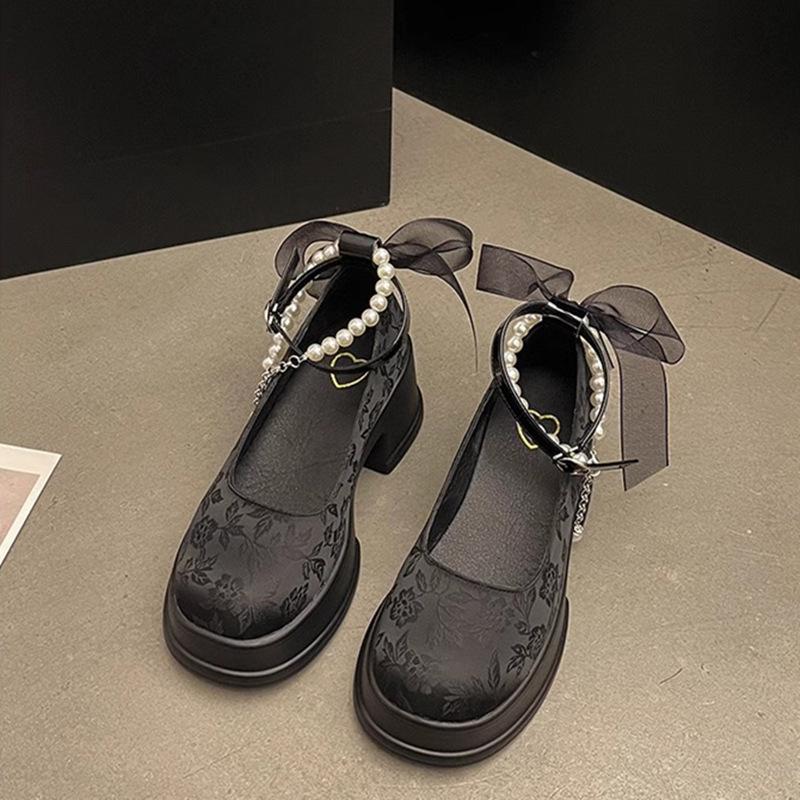 Женские туфли на высоком каблуке, новые туфли Мэри Джейн на толстом каблуке, туфли на платформе с жемчугом, маленькие кожаные туфли