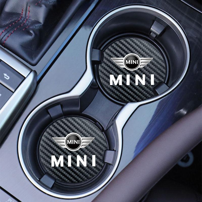 2Pcs Carbon Fiber Leather Coaster Anti-noise Water Cup Pad For MINI JCW Cabrio Cooper Countryman Aceman Clubman Coupe Paceman f11