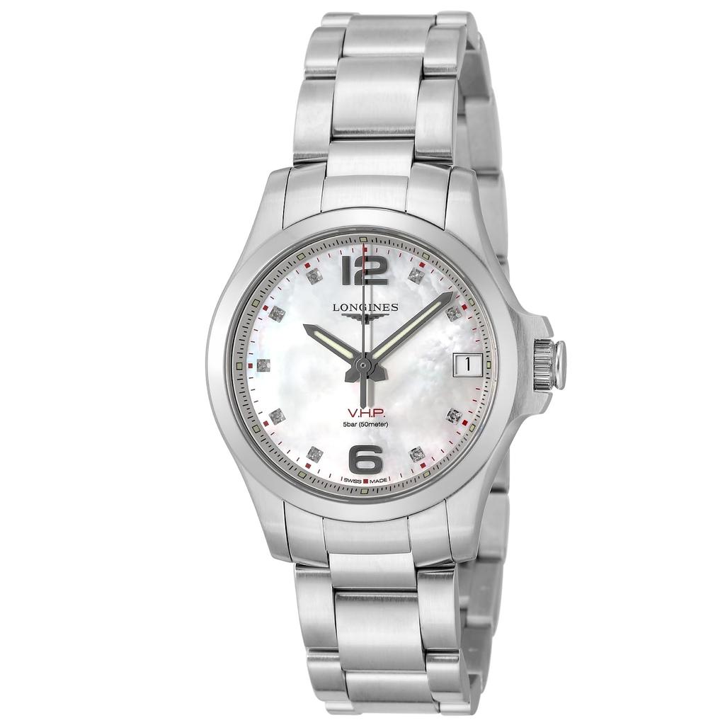 Longines CONQUEST Quartz 5 ATM Water Sapphire White Pearl Stainless Women's V.H.P. Watch, Resistant, Crystal, Dial, Steel, Silver, L3.316.4.87.6