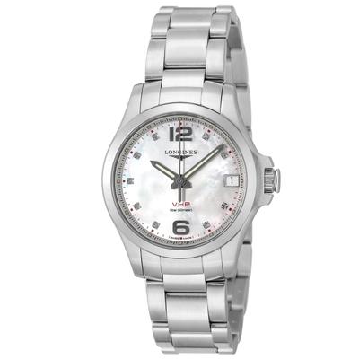 Longines CONQUEST Кварцевые 5 АТМ Водозащита Сапфировое стекло Белый перламутр Нержавеющая сталь Женские V.H.P.. Часы, Водонепроницаемые, Сапфировое стекло, Циферблат, Сталь, Серебристый, L3.316.4.87.6