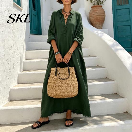 Casual Dress Summer Maxi for Women, V-Neck Oversized Boho Long Women Dress, Sleeve Button Up Vacation Sundress with Pockets Party