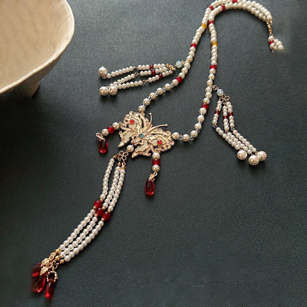 Retro Butterfly Necklace Fringed Chinese Style Necklace Pearl Pendant Necklace  Hanfu Costume