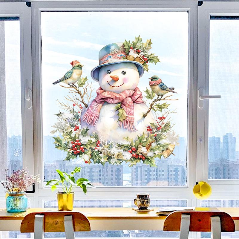 Christmas, Pink Scarf Snowman, Glass Sticker, Bedroom Balcony, Window Decoration, Glue Free, Electrostatic Sticker, Party Decoration