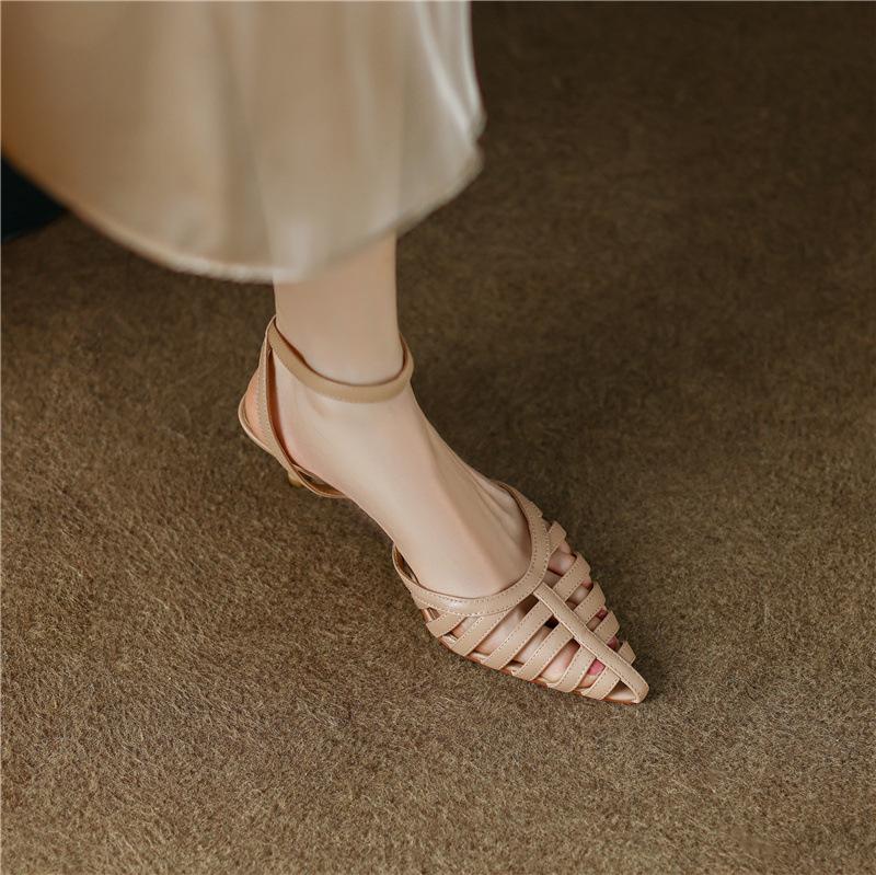 Сандалии Nude с острым носком, женские летние, нишевый дизайн, мягкая кожа, одно слово, пряжка, римские туфли на высоком каблуке