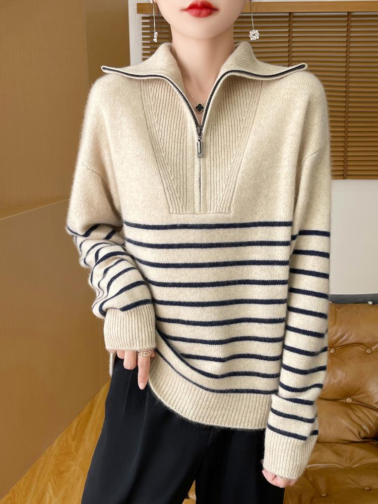 Women's Half-Zip Color Block Striped Knit Sweater - Korean Style Casual Loose Outerwear for Autumn/Winter.