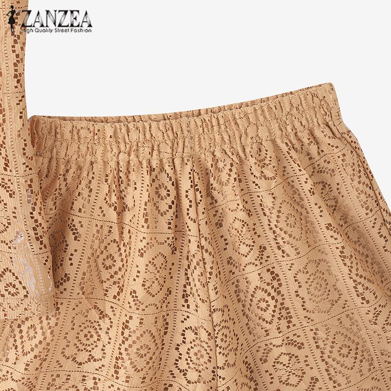 ZANZEA Женский комплект из двух частей: блузка с коротким рукавом и шорты, кружевной вязанный крючком костюм в стиле пэчворк