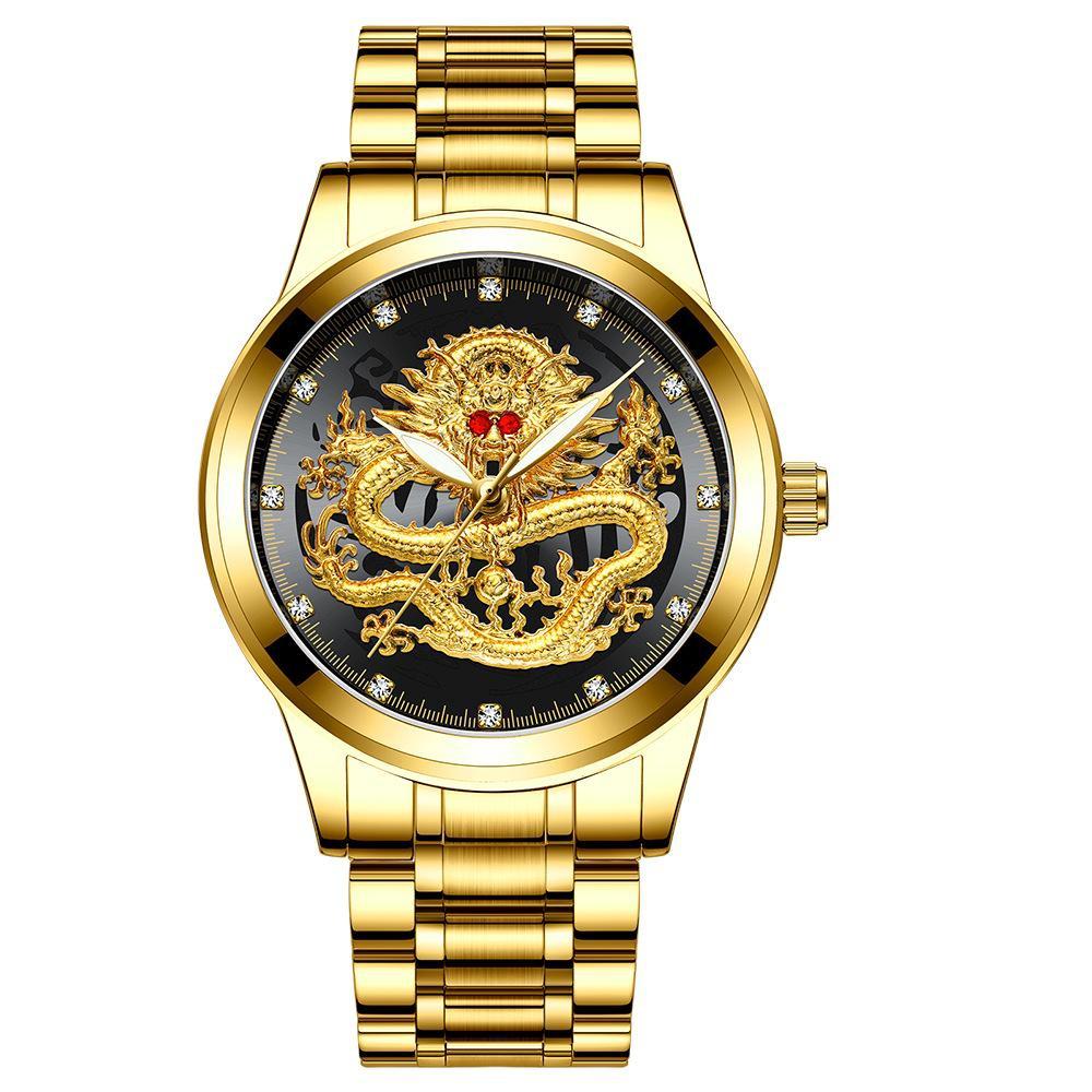 FNGEEN Men's Watch Light Luxury Relief Golden Dragon Watch Waterproof Diamond Inlaid Ruby Mens Quartz Watch