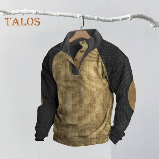 Весна Осень Мужская Толстовка Цветные Блоки Пэчворк Ретро Стиль Полуоткрытый Воротник-стойка Топ Плюс Размер Свободный Длинный Рукав Топ Повседневная Жизнь Офис