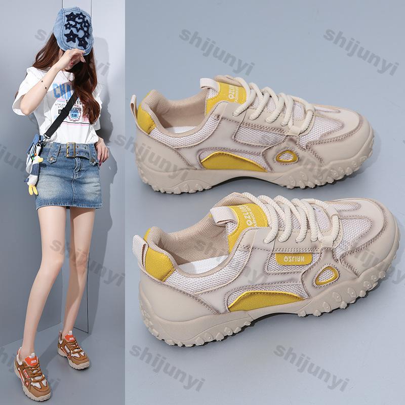 Fashion Women Shoes 2025 Spring New Breathable Mesh Non Slip Women Platform Sneakers Comfort Height Increase Lace-up Sewing Casual Shoes