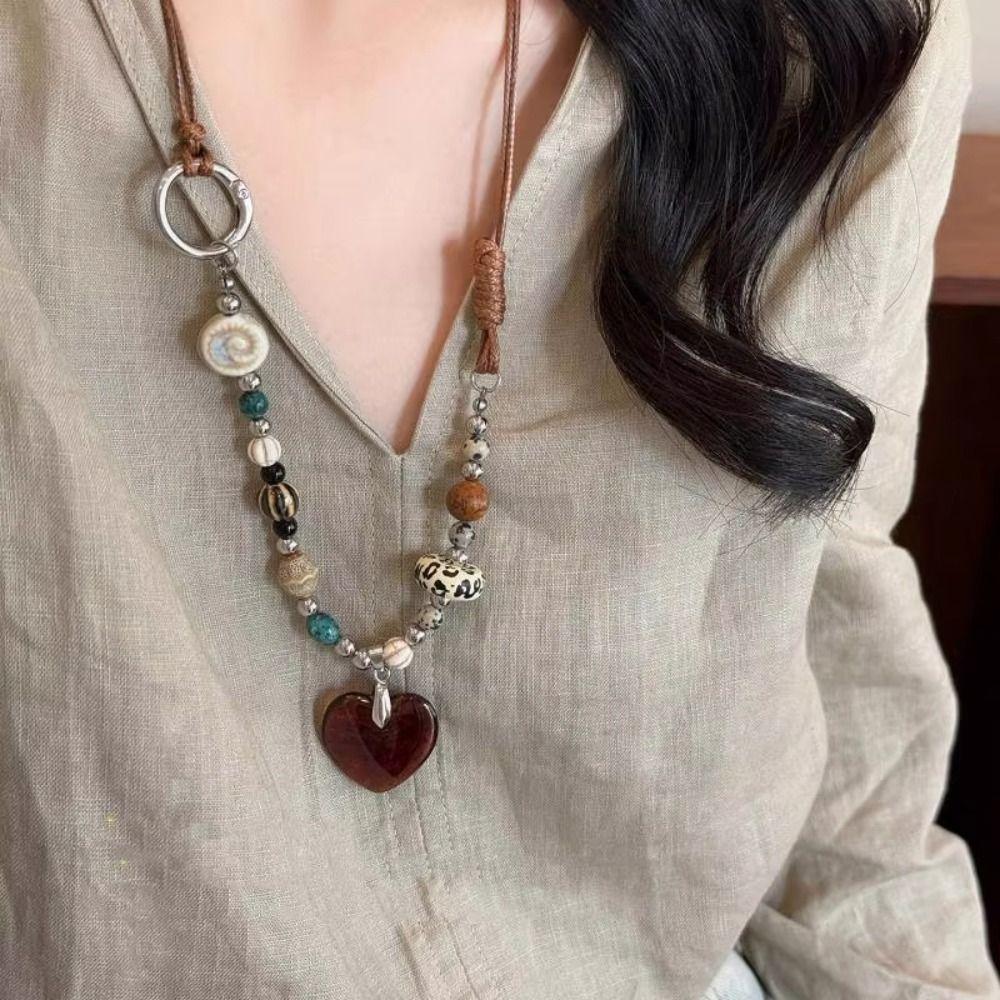 Heart-shaped Wood Pendant Necklace Ceramic Women Jewelry New Long Sweater Chain Necklace for Women