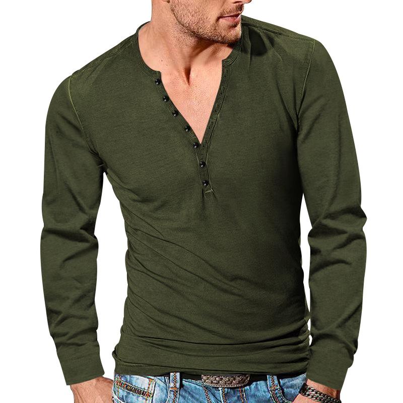 Men's Spring and Autumn Vintage Long-sleeved T-shirt Casual Button V-neck Slim Solid Color T-shirt