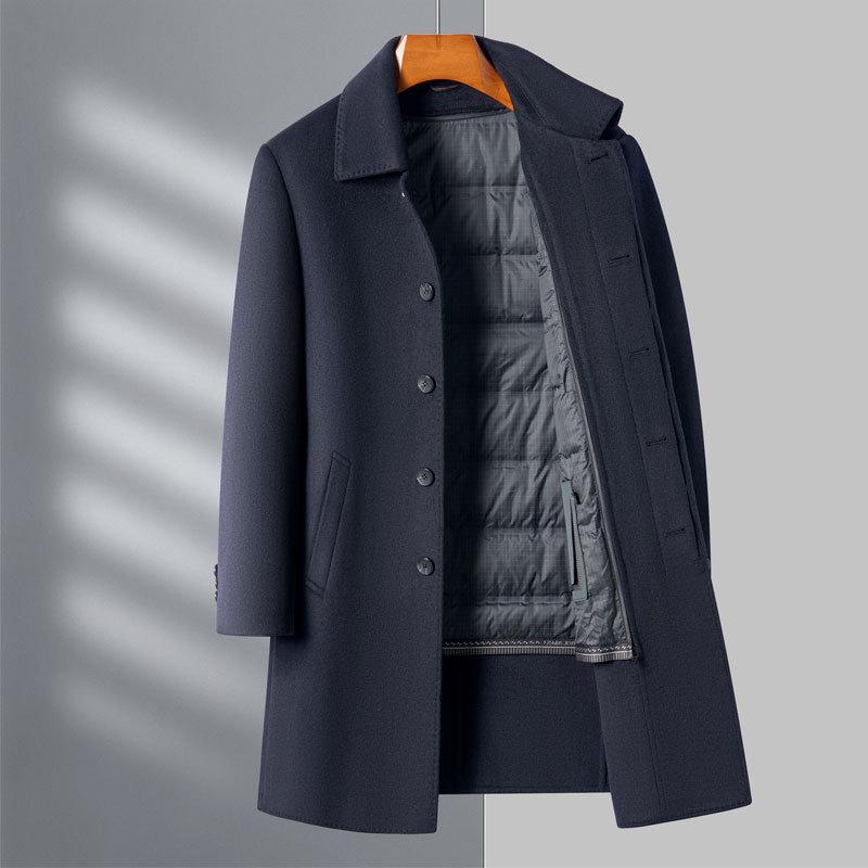 New Men's Thickened Knee Trench Coat Removable Down Liner Double-sided Wool Coat