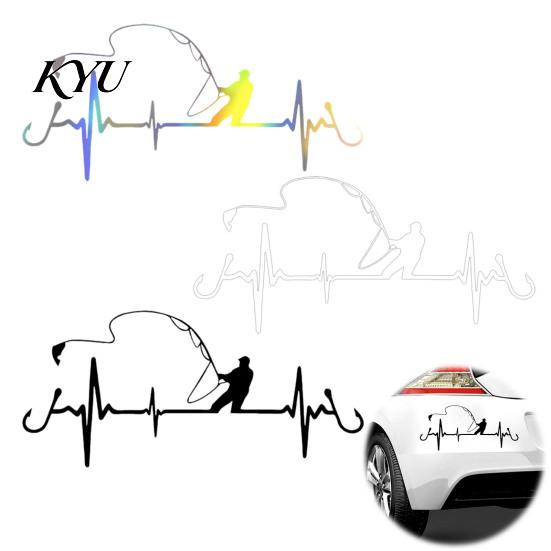 Fishing Rod Silhouette Vinyl Heartbeat Car Sticker Decal, 6.7" x 3.1" Waterproof Auto Window Decal Sunscreen Decoration, Universal Cars Exterior