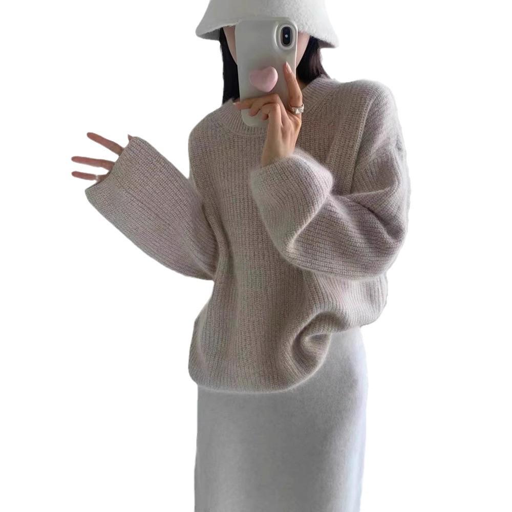 Женский пуловер из красной шерсти в европейском стиле, с круглым вырезом, утолщенный и свободный, универсальная база для осени/зимы '24.