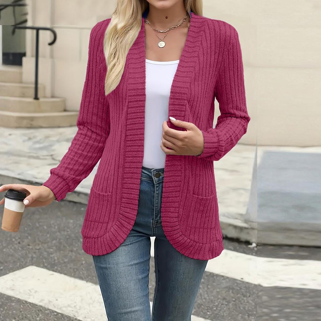 Women Ladies Solid Color Long Sleeve Length Cardigan Sweater Coat Top