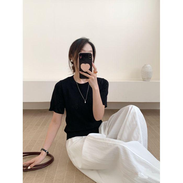 Топ женский вязаный с коротким рукавом и круглым вырезом, ажурный, в новом летнем стиле