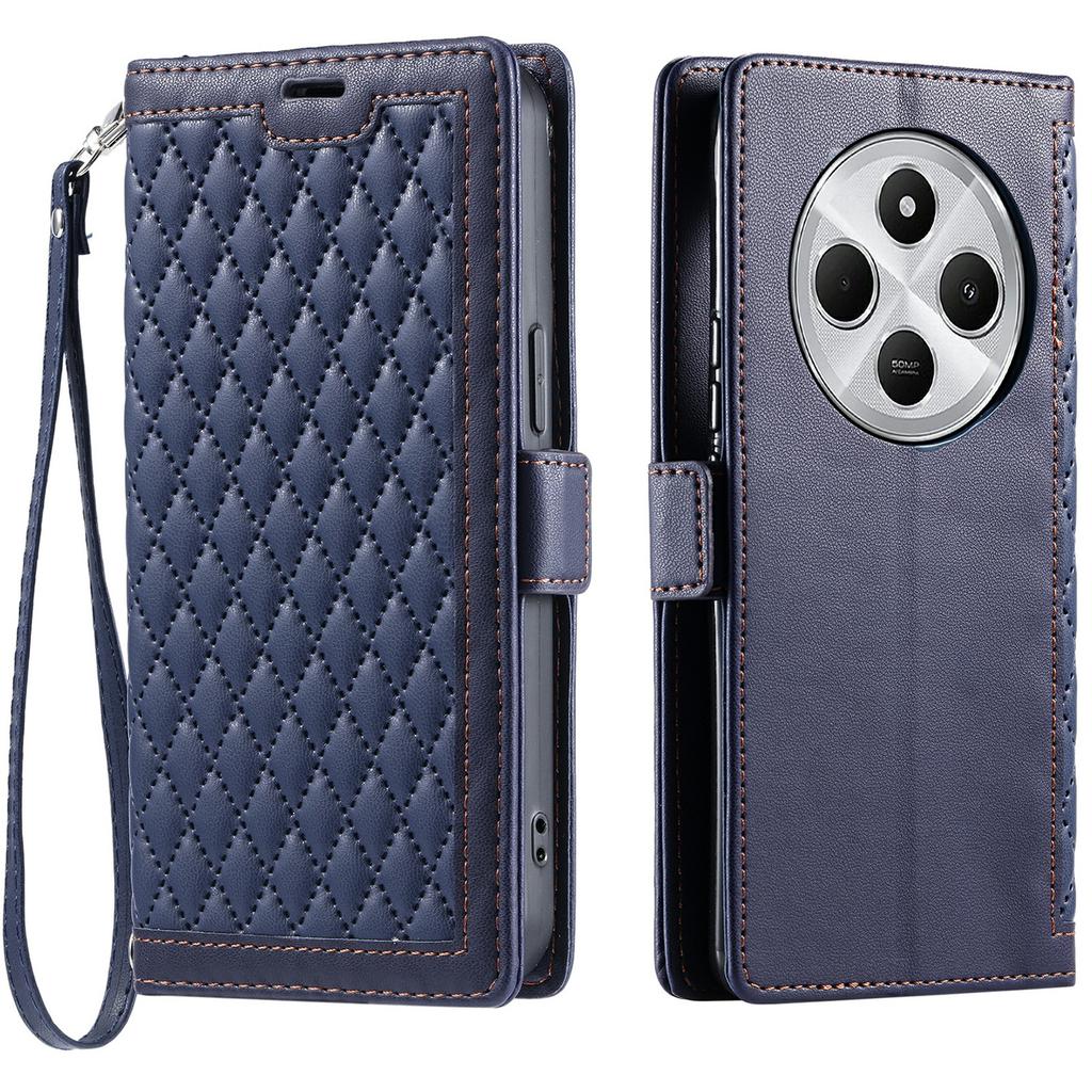 Leather Case For Xiaomi Redmi 14C 5G/14C 4G/14R 5G/Poco C75 4G Rhombus Texture Wallet Stand Phone Cover with Wrist Strap