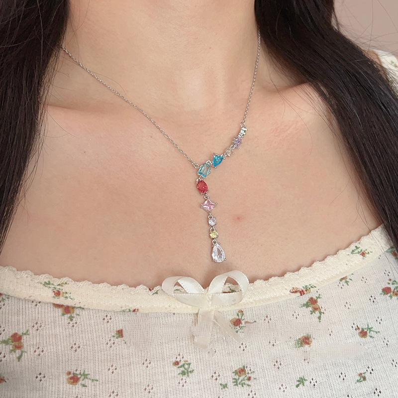 Exquisite Fashionable Necklace Candy Colored Zircon Pendant Women Collarbone Chain Niche Design High-End Atmosphere Banquet