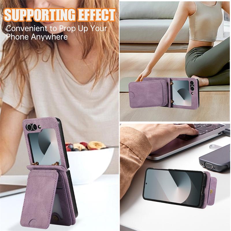 Кожаный кошелек-держатель для карт для Samsung Galaxy Z Flip 7 6 5 4 3 ZFlip Flip6 Flip5 Flip7 с ремешком через плечо Чехол-сумка