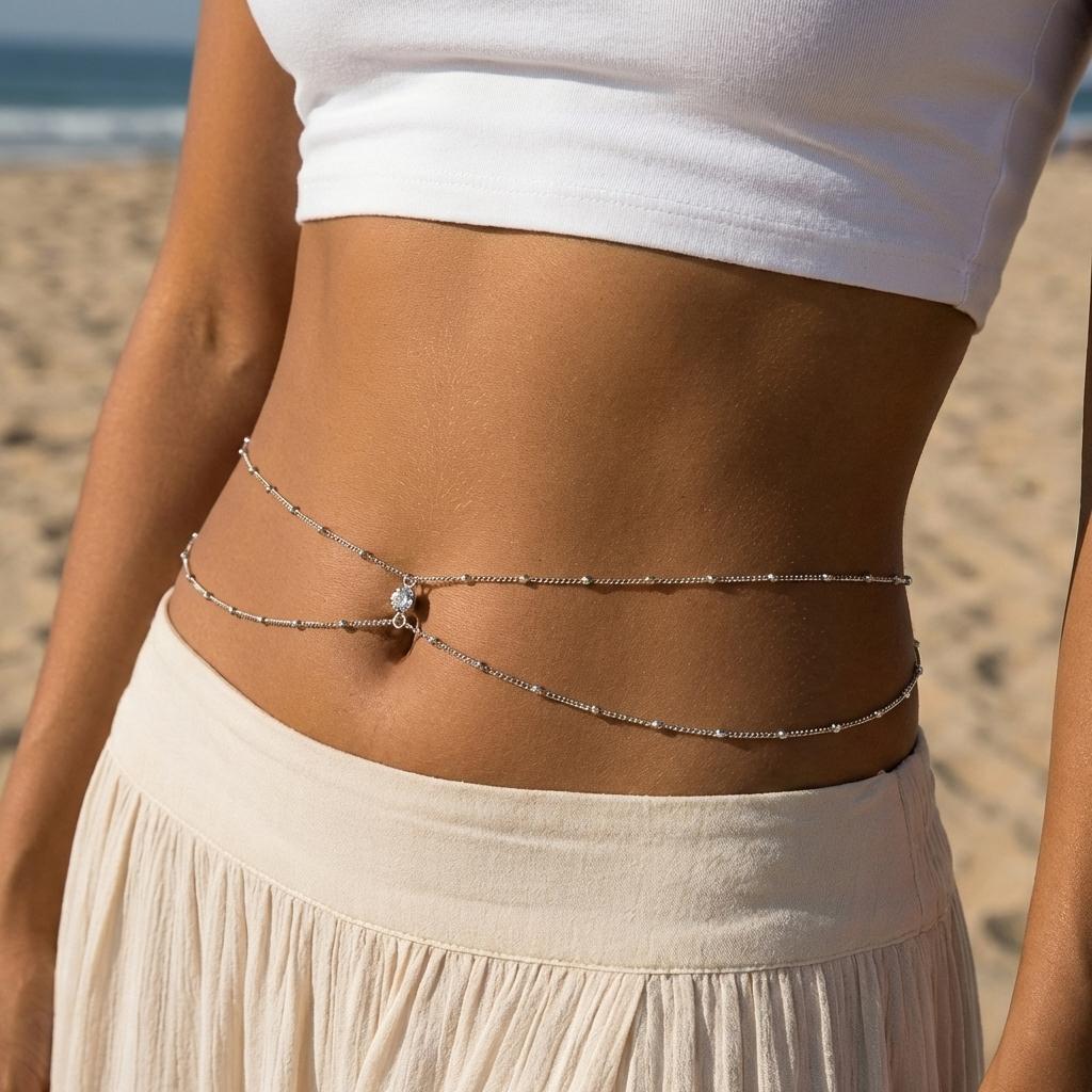 Sexy Dainty Layered Rhinestone Belly Chain for Women Double Crystal Drop Waist Body Jewelry Summer Beach Bikini Swimsuit