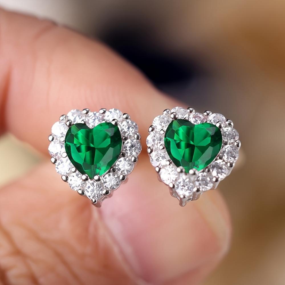 Real S925 Sterling Silver Aqua Blue Green Red Pink Heart Zircon Stud Earrings for Women Fashion Wedding Jewelry