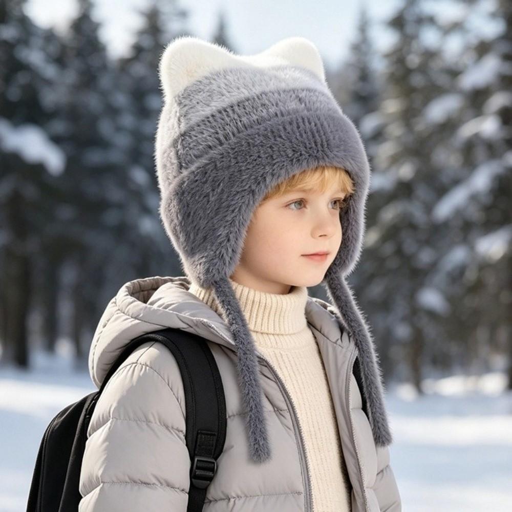 Cold-proof Ear Protection Hat Cute Cat Ear Plush Warm Hat Cute Children Knitted Hat  Winter