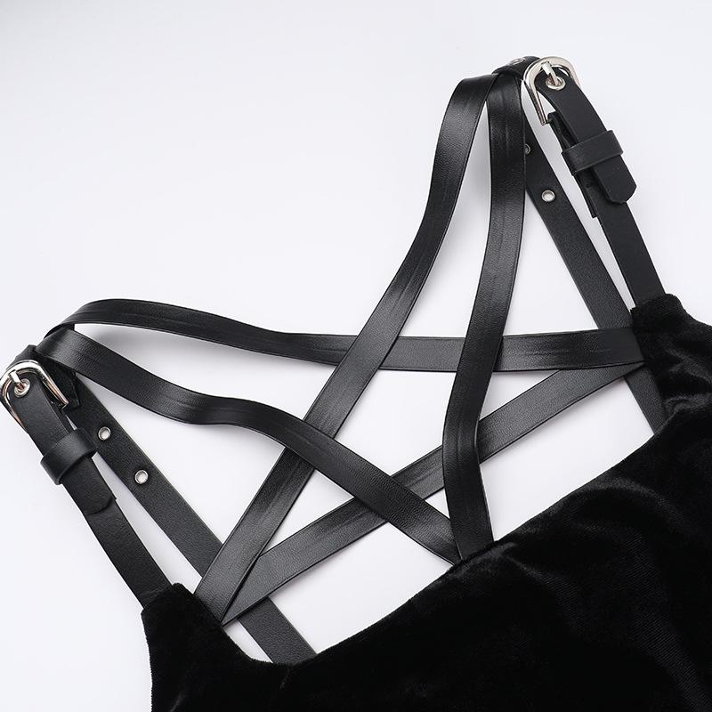 AltGoth Mall Готическое бархатное платье для женщин Fairycore Grunge Элегантное панк-платье с пентаграммой и вырезом без рукавов с бретелью через шею с разрезом Праздничная одежда