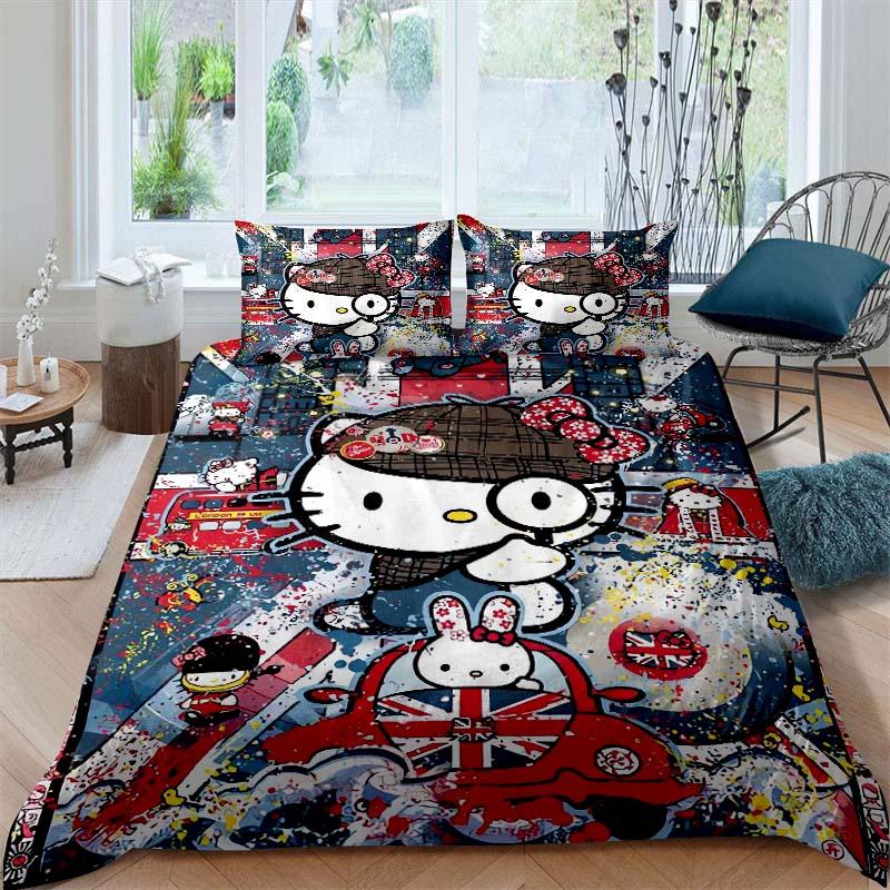 3D printed Hello Kitty duvet cover and pillowcase bedding set, available for single, double, and king-size beds, suitable for