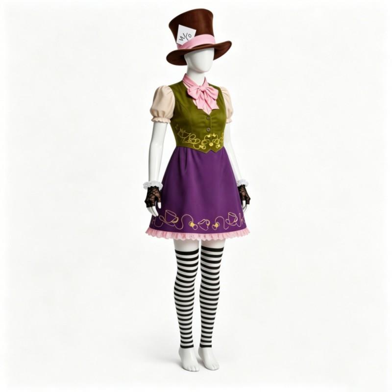Alice In Wonderland Cosplay Costume Mad Hatter Dress Set Halloween Party Outfit Women