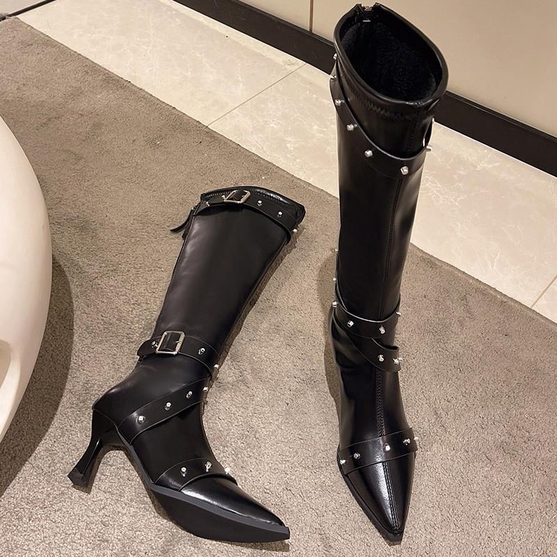 Острый носок женские высокие сапоги кожаные высокие каблуки сексуальные туфли до колена модные зимние сапоги 2024 трендовые дизайнерские туфли-лодочки Botas Mujer