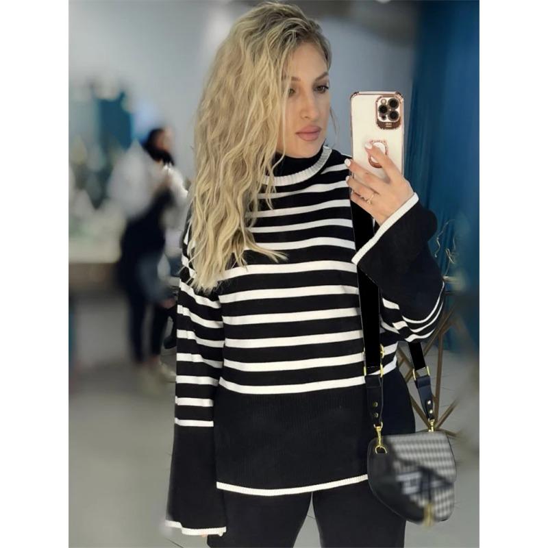 Черно-белый полосатый свитер Уличная одежда Женские топы Пуловер Женский джемпер с длинным рукавом Водолазка Трикотажные толстые джемперы в рубчик Свитера женская одежда