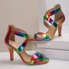 2024 Летняя высококачественная женская обувь Модные женские босоножки на высоком каблуке с открытым носком радужного цвета на шпильке с застежкой-молнией