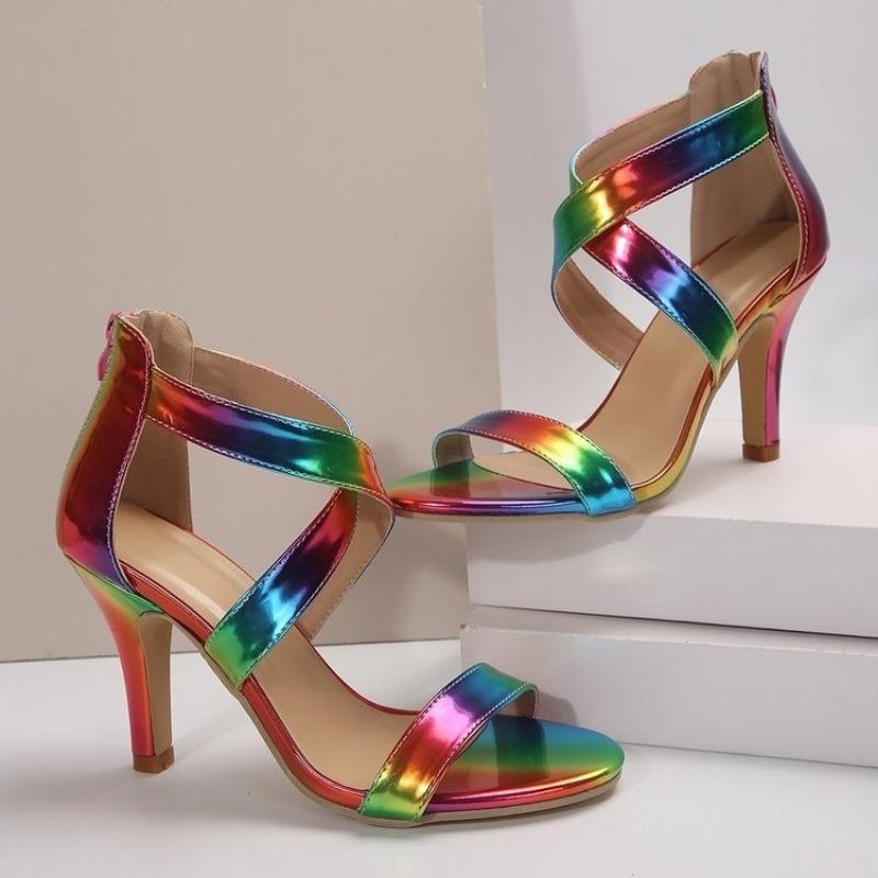 2024 Летняя высококачественная женская обувь Модные женские босоножки на высоком каблуке с открытым носком радужного цвета на шпильке с застежкой-молнией