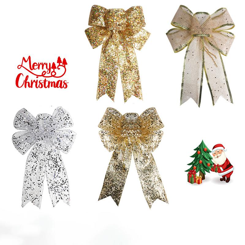 Christmas Tree Hanging Decorations Gold Silver Bowknot Christmas Bows Glitter Ornaments Craft