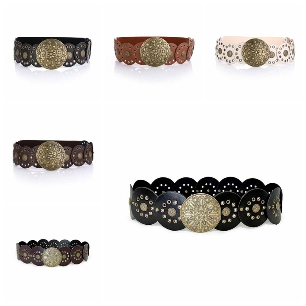 Zinc Zinc Alloy Ethnic Style Rivet Belt Y2K Disc PU Hollow Waistband Vintage Concho Wide Belt  Waist Seal