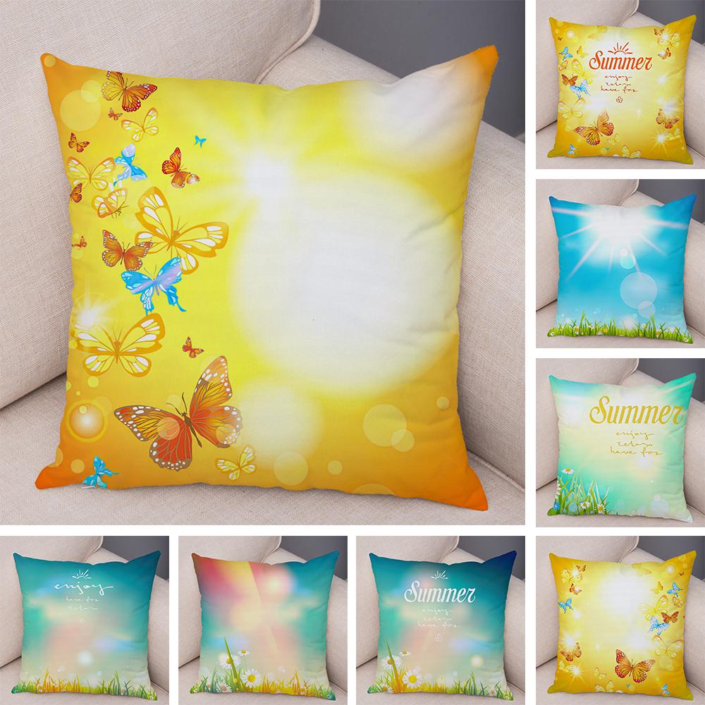 Vibrant Summer Cushion Cover Colorful Butterfly Meadow Print Soft Fabric Living Room Sofa Home Decor Pillow Case