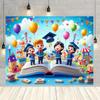 Двумерный фон для выпускного начальной школы, Милые мультяшные выпускники в шапочках и с шарами