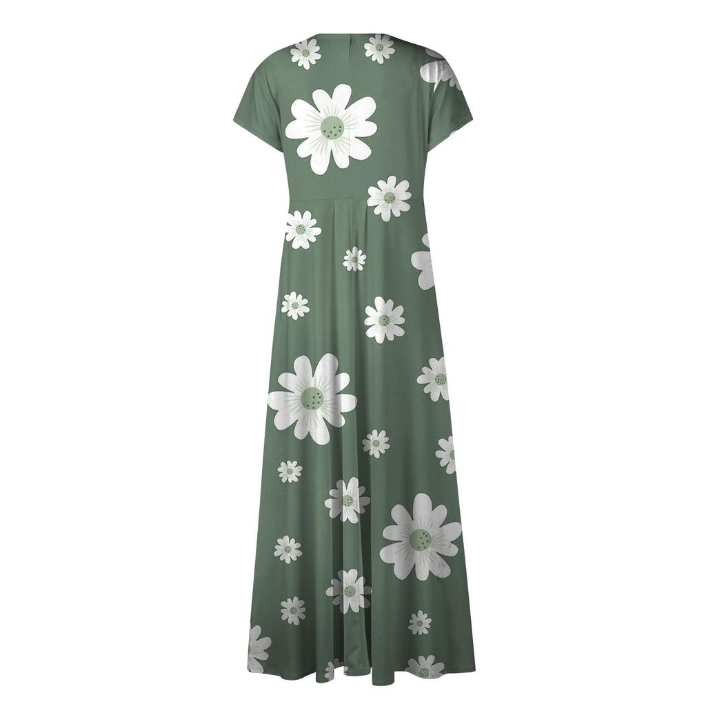 Женское длинное повседневное платье. Летнее платье с короткими рукавами и v-образным вырезом на талии с принтом.