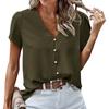 Women's Loose Casual Solid Color V-Neck Button Top, Fashionable Short Sleeved Top