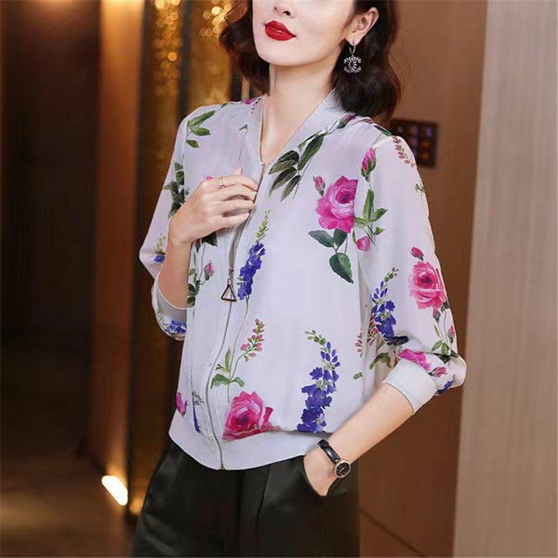 Женский кардиган большого размера из шифона с принтом: Куртка в бейсбольном стиле с солнцезащитными рукавами, модель лета 2025 года.