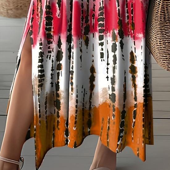 Women Summer Dress V-Neck Short Sleeve Side Slit Design Maxi Dress Tie Dye Print