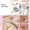 Miniature Pink Dream House Dollhouse With Furniture Kits Wooden Dolls House LED Lights Accessories