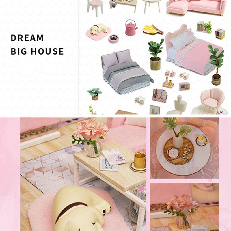 Miniature Pink Dream House Dollhouse With Furniture Kits Wooden Dolls House LED Lights Accessories
