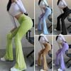 Women Flared Pants High Waist Striped Print Solid Color Casual Trousers Slim Fit Elastic Bottoming