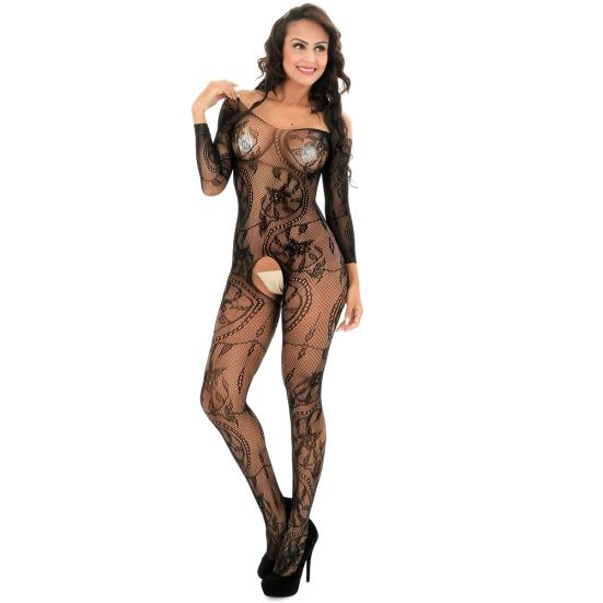 Сексуальные цельные сетчатые колготки с длинными рукавами и цветком, ажурные чулки, нижнее белье